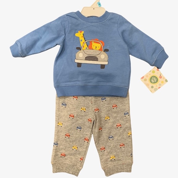 Little Me Other - Little Me Grey and blue sweatsuit car outfit baby boy 6M